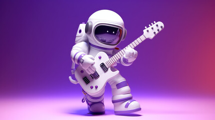 3d tiny cute robot astronaut mascot character with spaceman suit playing guitar, standing, posing, walking and floating in space, with universe background. Science , Futuristic and Technology concept