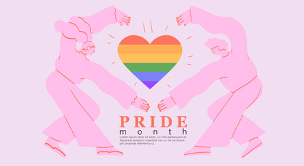 Cheerful characters with rainbow lgbtq heart celebrate pride month or day vector illustration. LGBTQ support festival or event social media banner or post template, greeting card on pink background - obrazy, fototapety, plakaty
