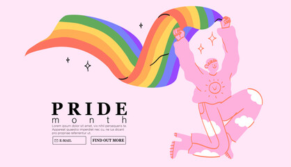Cheerful character with rainbow lgbtq flag celebrate pride month or day vector flat illustration. LGBTQ support festival or event social media banner or post template, greeting card on pink background - obrazy, fototapety, plakaty