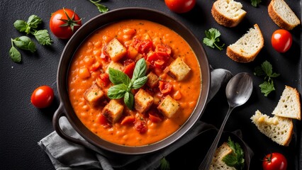 Creamy soup with mashed tomatoes
and croutons