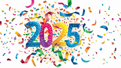 Obraz premium Jahreswechsel 2025 in bunten leuchtenden Zahlen und Luftschlangen mit Platzhalter im Querformat für Banner