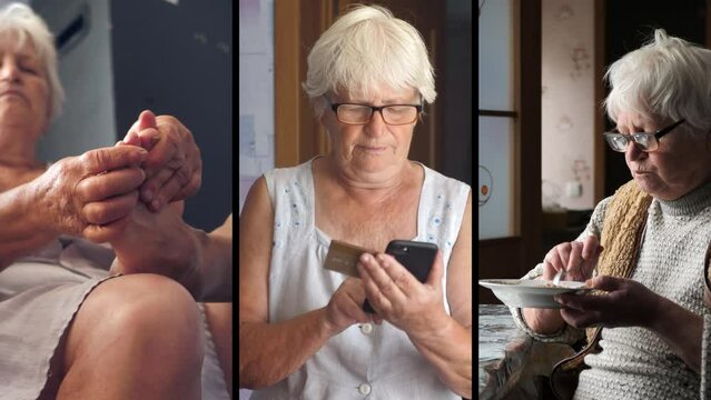 old woman massaging the soles of her feet.pensioner transfers money using smartphone, online shopping.elderly woman eats porridge.collage,multiscreen