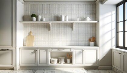 Fototapeta na wymiar White Shelf Mounted On A Bright Kitchen Backsplash, Showcasing A Clean And Modern Design