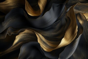   A tight shot of a black and gold wallpaper adorned with undulating, curved lines - obrazy, fototapety, plakaty