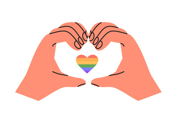 Lgbtq rights, pride month or social issues event or festival celebration banner, poster, placard, social media advertisement, invitation, greeting card with hands holding rainbow heart. Pride week. - obrazy, fototapety, plakaty