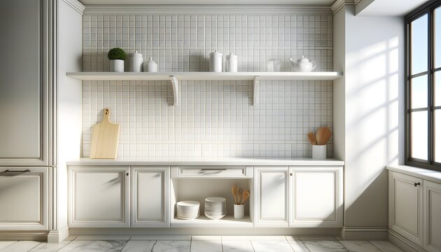 White Shelf Mounted On A Bright Kitchen Backsplash, Showcasing A Clean And Modern Design