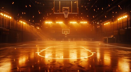   A basketball court features a hoop at its center and a hoop situated on the floor - obrazy, fototapety, plakaty