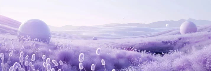 Tuinposter A monochrome lavender landscape, with minimalist spheres that gently merge into the environment, creating a soothing, dream-like aesthetic © Bilas AI