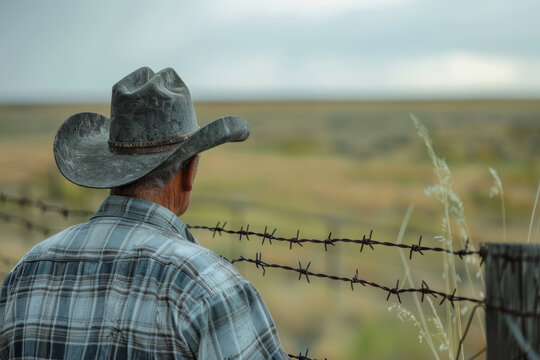 A farmer in a cowboy hat inspects the integrity of the barbed wire fence on his property.