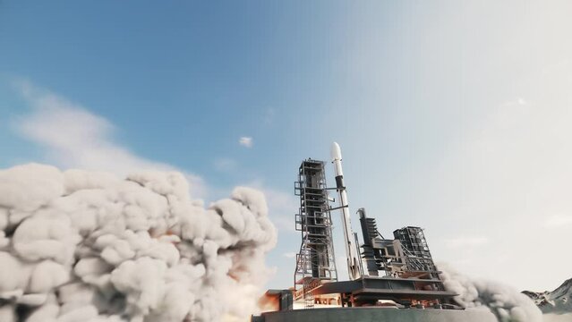 Spaceship takes off. Space rocket takes off into the sky. Successful Rocket Launching. Space rocket launch from spaceport
