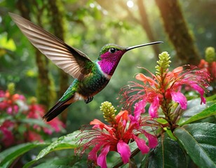 A hummingbird bird feeds on sweet nectar from a pink flower bloom. Generated with AI - obrazy, fototapety, plakaty