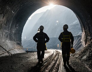 Silhouette of miners entering underground coal mine. Generated with AI
