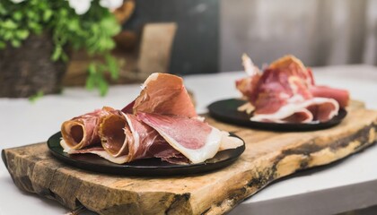 Spanish Serrano ham, a renowned delicacy, is a dry-cured ham traditionally produced in Spain. Generated with AI