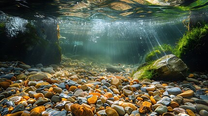 Underwater landscape in the river, algae clear water with rocks with green plants AI generated