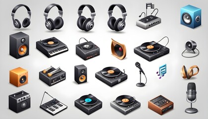 Music 3d icon set. Equipment for listening and recording sound. phonograph record, microphone,...