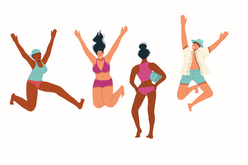 Girls and guys in swimsuits jumping around cheerfully and joyfully, happy with summer vacations. Excited active men and women with positive energy. 