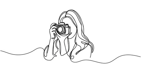 The girl takes pictures with the camera. One line is continuous. Vector illustration - obrazy, fototapety, plakaty