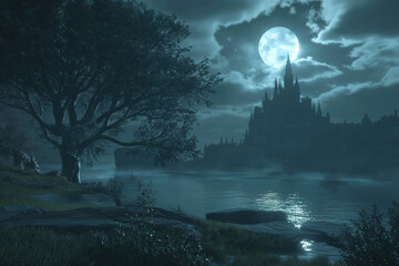 fantasy landscape with castle in the background during night