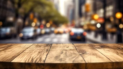 Papier Peint photo autocollant TAXI de new york The empty wooden table top with blur background of NYC street. Exuberant image. generative AI