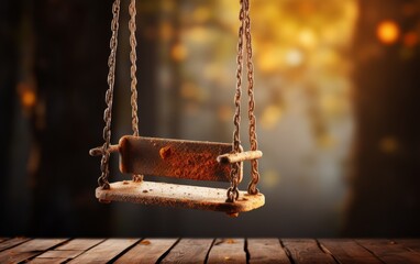 A rusted wooden swing hangs from a chain, swaying gently in the breeze - obrazy, fototapety, plakaty