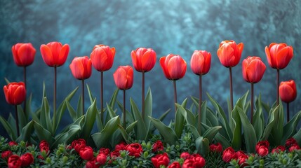 Obraz premium A row of red tulips with green leaves in front, a blue wall behind