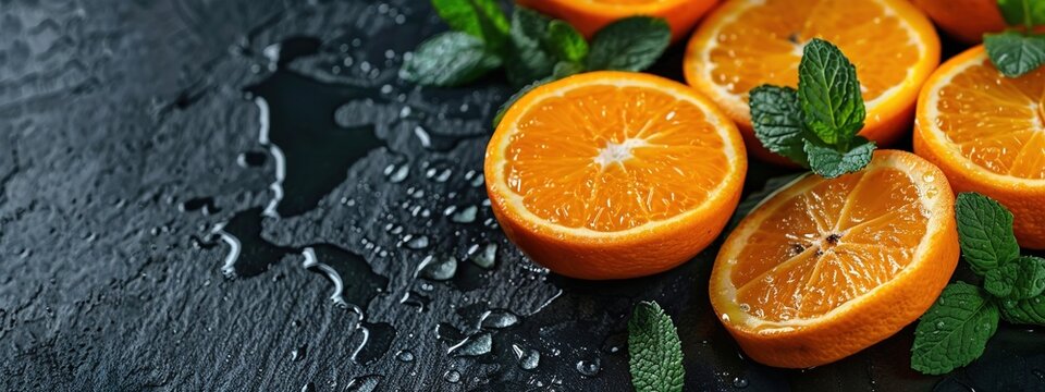 A set of diced oranges garnished with fresh mint on a dark background with water droplets