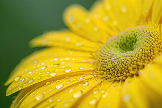 Abstract macro image of a yellow daisy flower with water droplets