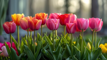   A tight shot of various flowers in a field, featuring green leaves and pink and yellow tulips in the backdrop