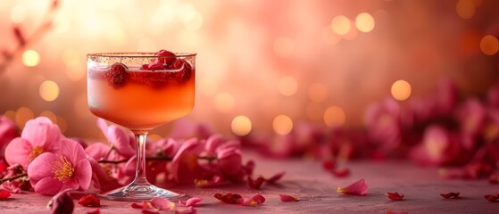   A tight shot of a drink in a glass, adorned with plump raspberries at the edge and surrounded by pink blossoms in the background - obrazy, fototapety, plakaty