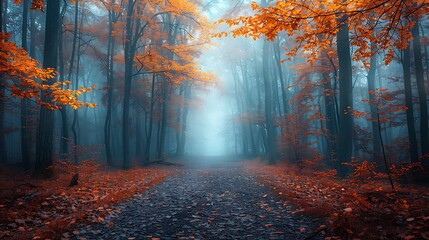 Road in dreamy mystical foggy forest in blue fog in autumn nature background AI generated