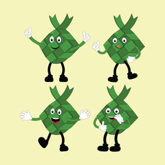 Fototapeta premium Ketupat mascot character illustration in vintage style with arms and legs with a variety of emotions and actions, great resource for icon, symbol, logo, sticker,banner. Eps 10