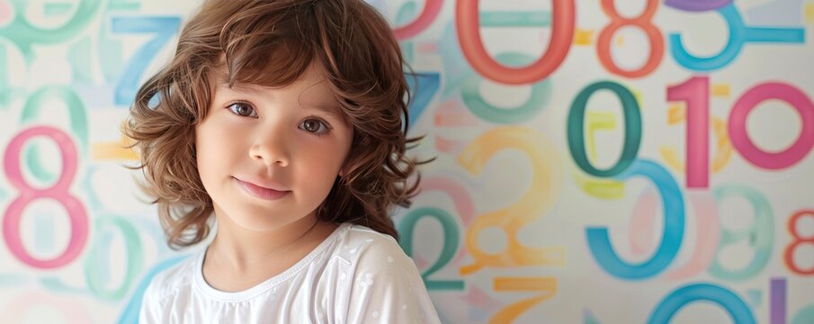 little child standing infront of a colourful number painted wall