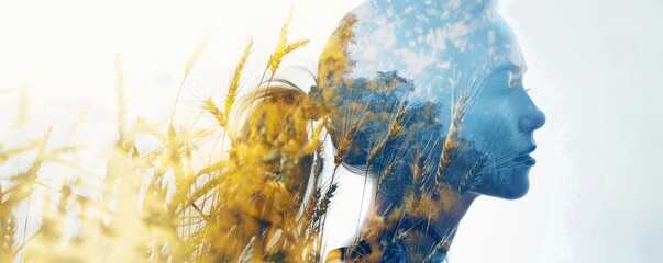 Double exposure, female, watercolor wheat field with a white background and blue and yellow color scheme - obrazy, fototapety, plakaty