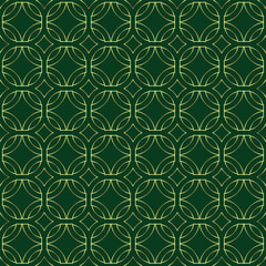 vector, seamless, geometric, classic gold lines pattern on dark green background.