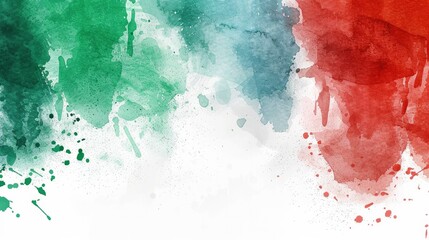 Italian flag color scheme, large amount of white space in the design, watercolor with an outline drawn in an ink pen, abstract shapes, dots, splashes, and lines
