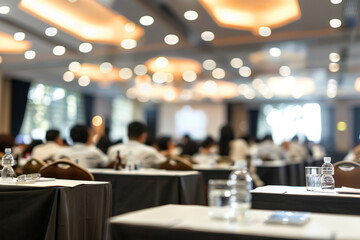 Blurred background of seminar attendees in a conference hall with focused water bottles and notebooks on desks.