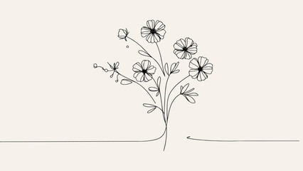 Abstract Minimalist Floral Line Art: Hand-Drawn Sketch of Modern Black and White Trendy Outline Simple Garden Flowers
