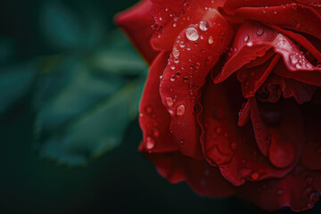 Close-up portrait of a red rose flower with dew on its petals - obrazy, fototapety, plakaty