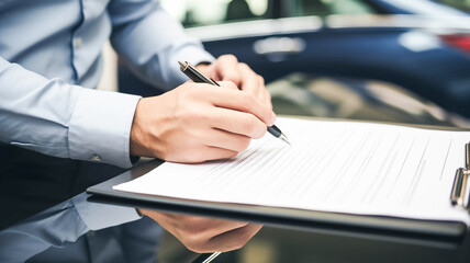 A car buyer signs documents to buy, sell or rent a car.


