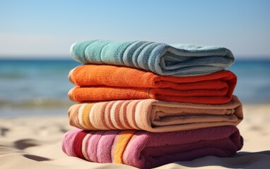 Fototapeta na wymiar A stack of towels rests on sandy beach, soaking up the warm sun
