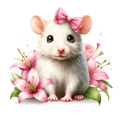 A charming illustration of a white mouse with a pink bow, surrounded by soft pink lilies.