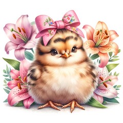 Fototapeta na wymiar A delightful illustration of a fluffy chick with a pink floral bow, set against a backdrop of lilies.