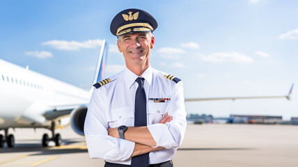 Portrait confident mature adult male pilot standing near in front of white commercial airplane.

