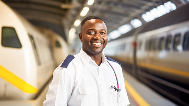 Portrait of smiling african american male train driver in uniform posing in front of high speed train. Subway train. Transportation concept.