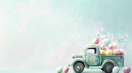 Fototapeta na wymiar Truck full of eggs on light blue background. Easter day concept