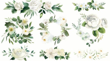 Watercolor Floral Illustration Set,  Bouquets and Wreaths Featuring White Flowers and Greenery - obrazy, fototapety, plakaty