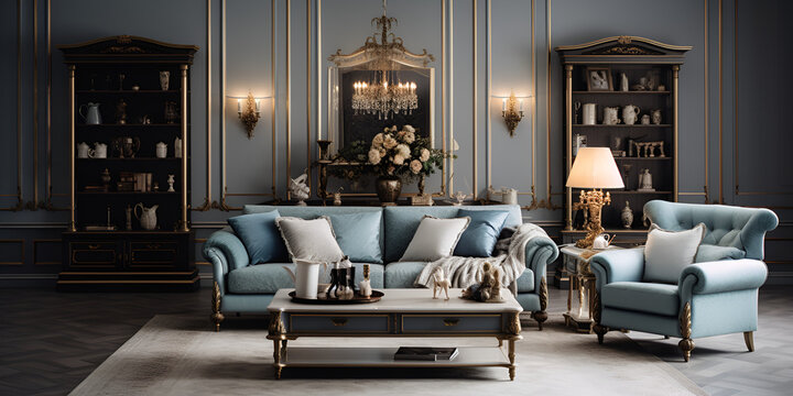 Naklejki royal classic fabric furniture sofa set, Chiniot Furniture, luxury antique sofa and armchair modern comfort, Modern European Magnificent Style Exuberant Leather Sofa Set, Generative AI