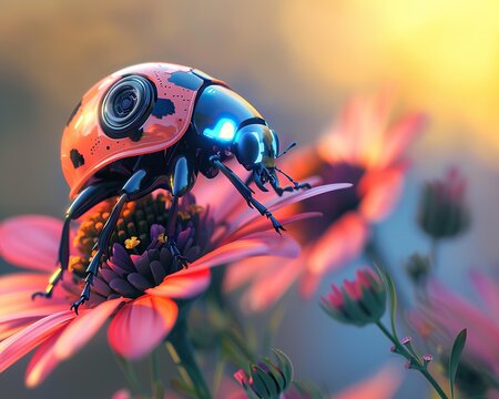 A high-tech robotic ladybug gently lands on a blooming flower, a blend of nature and advanced robotics, against a soft golden-hour backdrop.