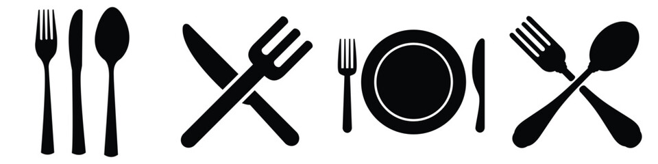 Fork, knife and plate icons set.  Dinnerservice collection. Plate, fork and knife for apps and websites. Logotype tableware. Vector illustration.