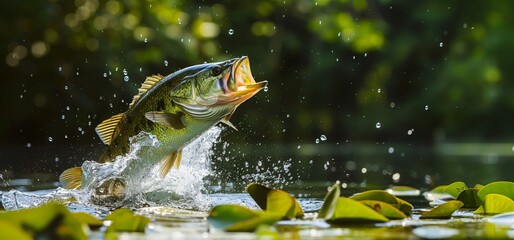 Largemouth Bass jumping out lilly pads in a pond created with Generative AI Technology, ai, generative - obrazy, fototapety, plakaty